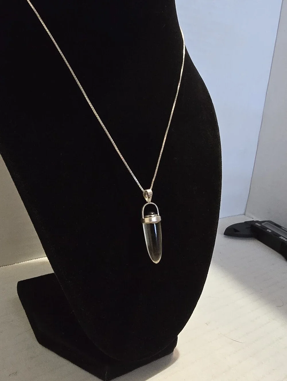 Vtg 1.4 Inch Black Tourmaline Clear Crystal Pendant On 18 Inch Silver Box Chain
